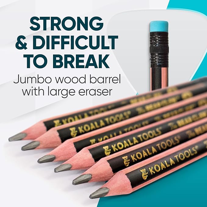 KOALA TOOLS | Bear Claw Pencils 1-Pack (6 Pencils) - Fat, Thick, Strong, Triangular Grip, Graphite, 2B Lead with Eraser - Suitable for Kids, Art, Drawing, Drafting, Sketching & Shading