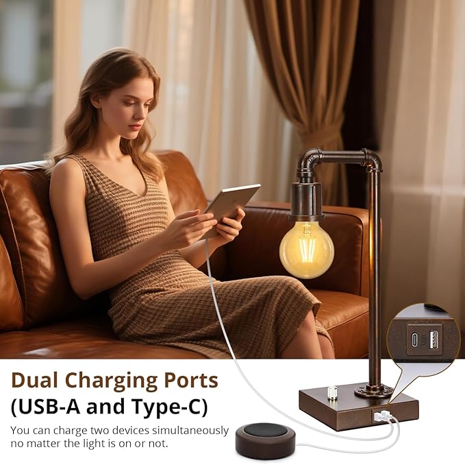Industrial Table Lamp for Bedroom, Fully Dimmable Bedside Lamp with USB C+A Ports, Vintage Lamp with Water Pipe Design, Steampunk Table Lamps for Living Room, Dorm, Office, 6W LED Bulb Included