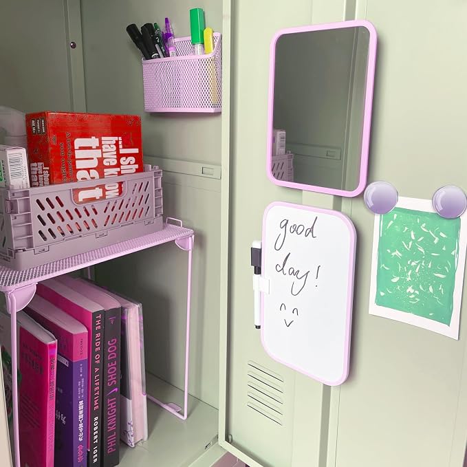 Svartur Locker Accessories with Locker Shelf, Magnetic Mirror, Magnetic Pen Holder, Magnetic Small Whiteboard, Back to School Essentials Locker Decorations, 7 Piece Locker Organizer for Work, Purple