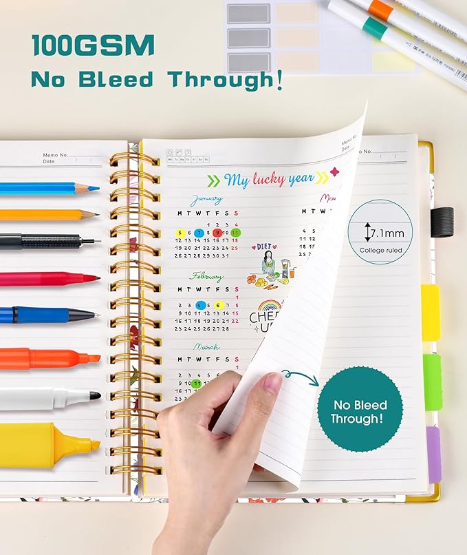 Hardcover Spiral Notebook 8.5"x11" Journal with Removable Dividers Tabs, 300 Pages 5 Subject Notebook College Ruled, Large A4 Notebooks for Work School, Journal for Women, A4 Flower White