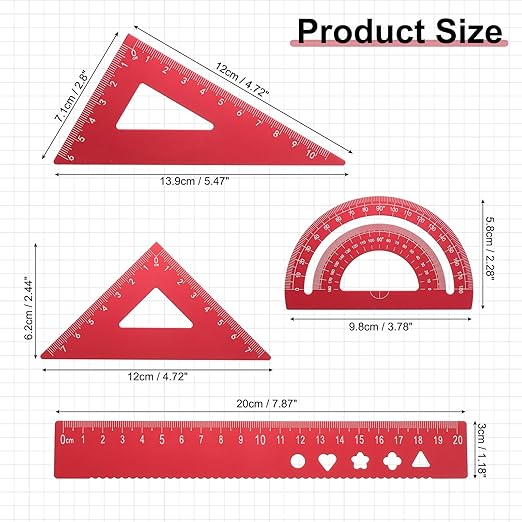 PATIKIL 4 Pcs Geometry Drafting Tool, Aluminum Alloy Geometry Kit Math Tool Includes 20cm L Ruler Protractor Triangles for Drafting Angle Measure Simple Science Experiment, Red