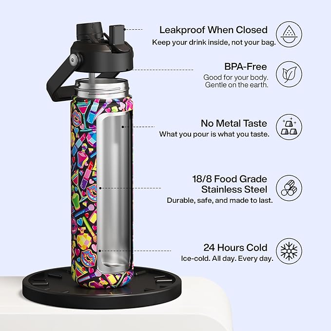 ENCOOL Insulated Water Bottle with Straw Stainless Steel Water Bottle, Leak-Proof, BPA-Free, Double Wall Vacuum Keeps Cold for 24 Hours for Sports, Travel, School (26 oz, Cosmetic Party)