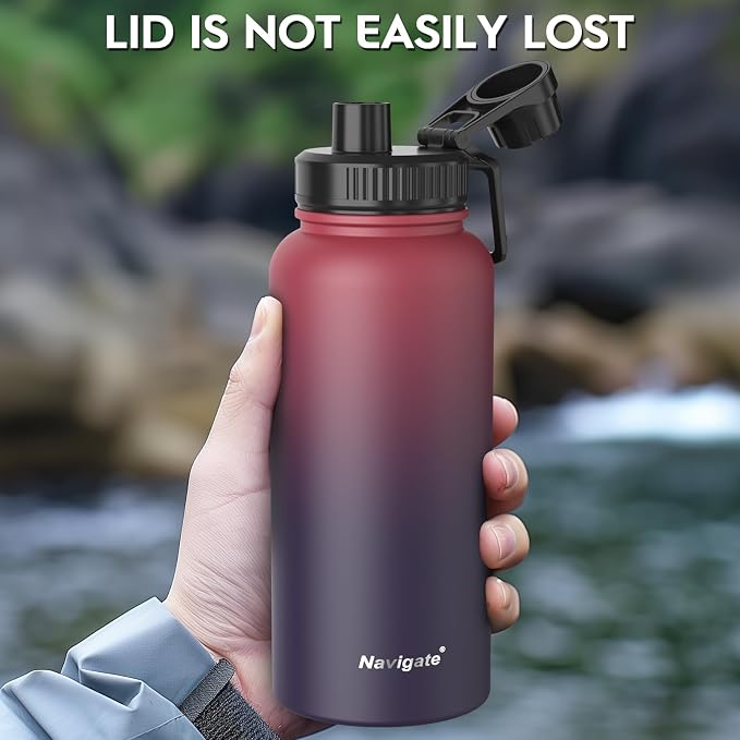 Navigate 32oz Insulated Water Bottle for Sports, Keep Cold 24H | 2-in-1 Spout and Handle Lids, Double Leak-Proof, 18/8 Stainless Steel, BPA-Free, Wide Mouth for Hiking,Red to Black