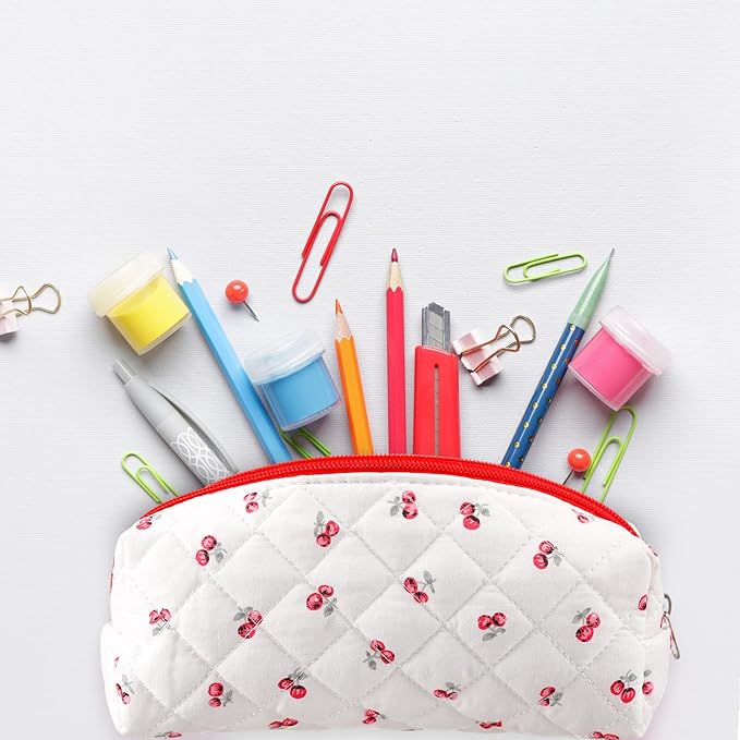 Sherr Cherry Pencil Case Cute Pencil Pouch Soft Cotton Quilted Storage Bag Aesthetic Pattern Gift Makeup Pouch Cosmetic Travel Bag for Women