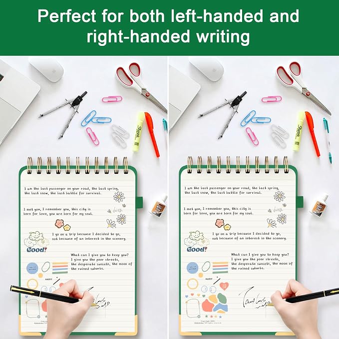 Mousbull A5 Top Spiral Notebook, Tree Pattern Large Leather Hardcover Left Handed Journal, 240 Pages 100 Gsm Lined Paper Top Bound Steno Pads for Work, School, Travel Writing - Green, 5.9" x 8.5"