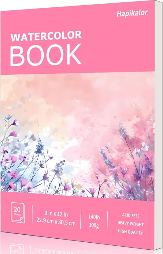 Watercolor Paper Pad 9x12, 140lb/300gsm Cold Press Drawing Paper, 20 Sheets Acid-Free Artist Sketchbook for Wet Media, Gouache & Acrylic, Double Sided Painting Paper (Pink Cover)