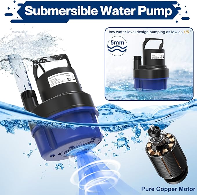 AgiiMan 3500GPH Pool Cover Pump, 1HP Submersible Sump Pump, Blue | 25FT Power Cord, 17FT Lift, IPX8 Thermoplastic Housing, Thermal Protection, Low Suction for Pools, Basements and Ponds