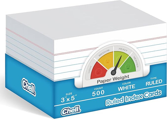 Chell 500 Count Index Cards 3x5 Inch Heavyweight, Ruled Front and Blank Back, 65 lb. Cover Weight, White