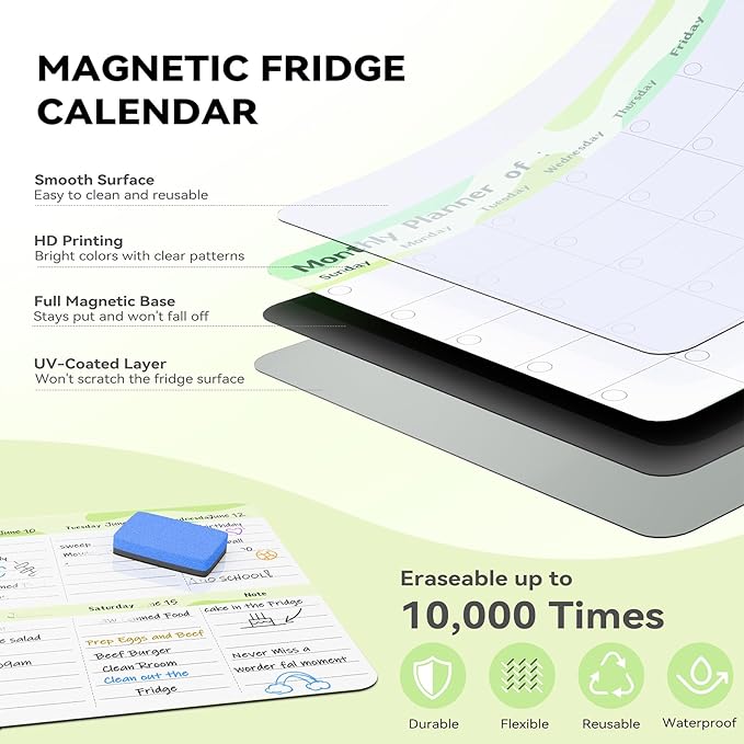Marsrock Dry Erase Magnetic Calendar for Refrigerator (3 Pack) - Monthly & Weekly & Daily Planner Magnet Whiteboard for Fridge - Shopping, To Do List, Meal/Menu, Schedule Planning Board,14"x11", Green