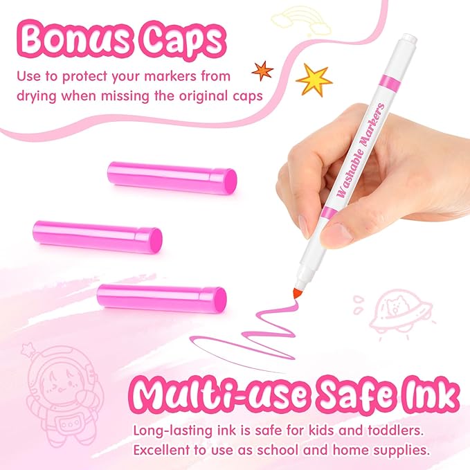 Fullhawl 18 Pcs Line Washable Markers Bulk Pink Fine Tip Markers Set Coloring Thin Tip Drawing Washable Pen for Kids Art School Classroom Back to School Gender Reveal Party Supplies, Ages 6+