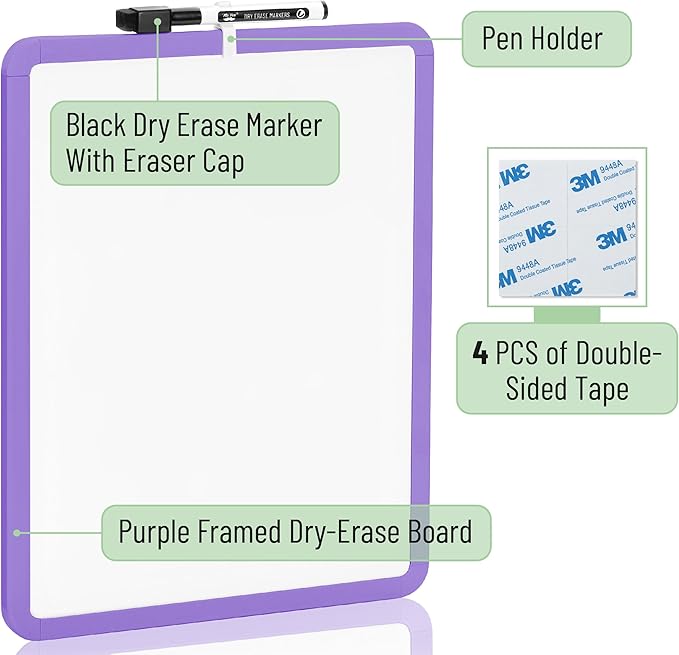 Mr. Pen- Dry Erase Board, 14” x 11” with a Black Dry Erase Marker, Purple Frame, Small Mini White Board for Students, Fridge, Wall, Locker, Includes Double Sided Tapes