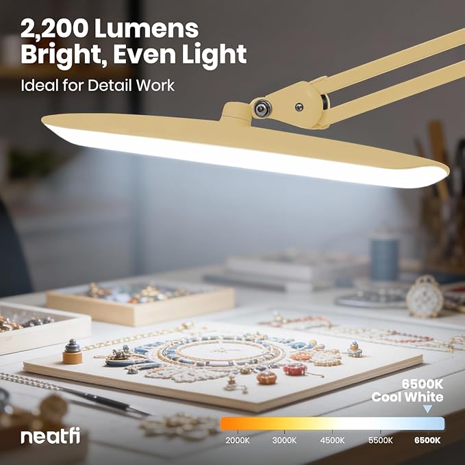 Neatfi XL 2200 Lumens 24W LED Desk Lamp – Shadow-Free Task Lighting | 4-Level Dimming | Home Office & Crafts Use | 20-Inch Wide Head (Gold, Non-CCT with Clamp)