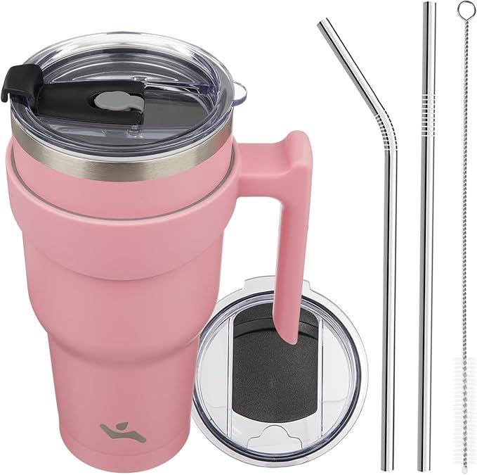 Konokyo 40 oz Tumbler with Handle and 2 Straw 2 Lid, Insulated Water Bottle Stainless Steel Vacuum Cup Reusable Travel Mug, Light Pink