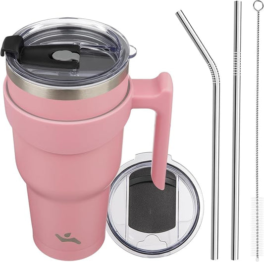 Konokyo 40 oz Tumbler with Handle and 2 Straw 2 Lid, Insulated Water Bottle Stainless Steel Vacuum Cup Reusable Travel Mug, Light Pink