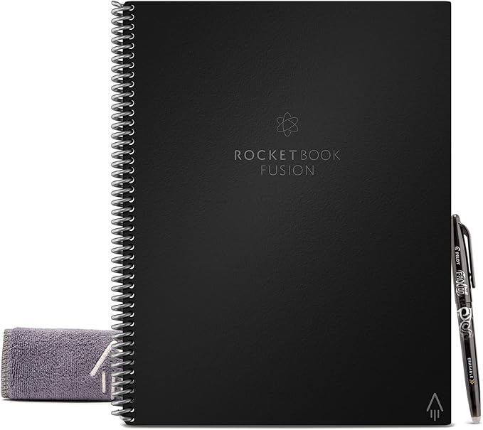 Rocketbook Fusion Smart Reusable Letter Size Notebook, 8-1/2" x 11", 7 Subjects, 21 Sheets, Black