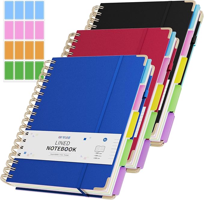 3 Packs Hardcover Spiral Notebook, B5 Journal with Removable Dividers Tabs, 5 Subject Notebook College Ruled, 200 Pages 8"x10" Leather Notebooks for Work School Study, Lined Journal for Women(Red/Blue/Black)