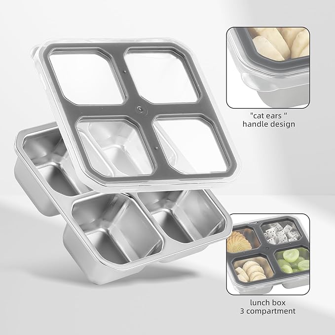 BEFOY 4-Pack Stainless Steel Snack Containers – 4 Compartment Leak-Proof Bento Box for Meal Prep, School, Picnic & Travel – Nestable & Reusable for Kids & Adults (grey, 2)