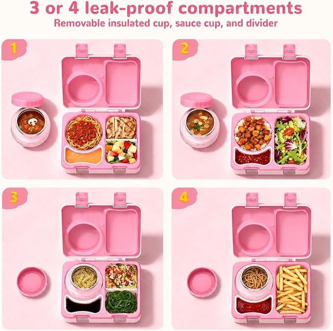 Kids Insulated Lunch Box with 8OZ Thermo Food Jar | Leakproof Bento Box with Ice Pack Sauce Cup Utensils Removable Tray & Dividers for School Daycare Travel, Bows