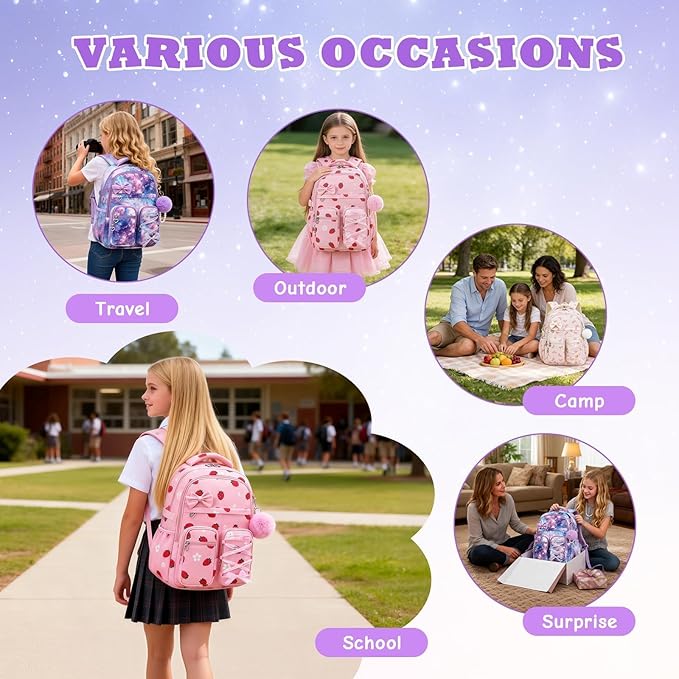 MOONBABY Kids Backpack for Girls, Fits 15.6 Inch Laptop Large Capacity School Bookbag, Girls Backpack with Lovely Pendant, Back to School Bag for Elementary Primary Students Teen Ages 6-12, Purple