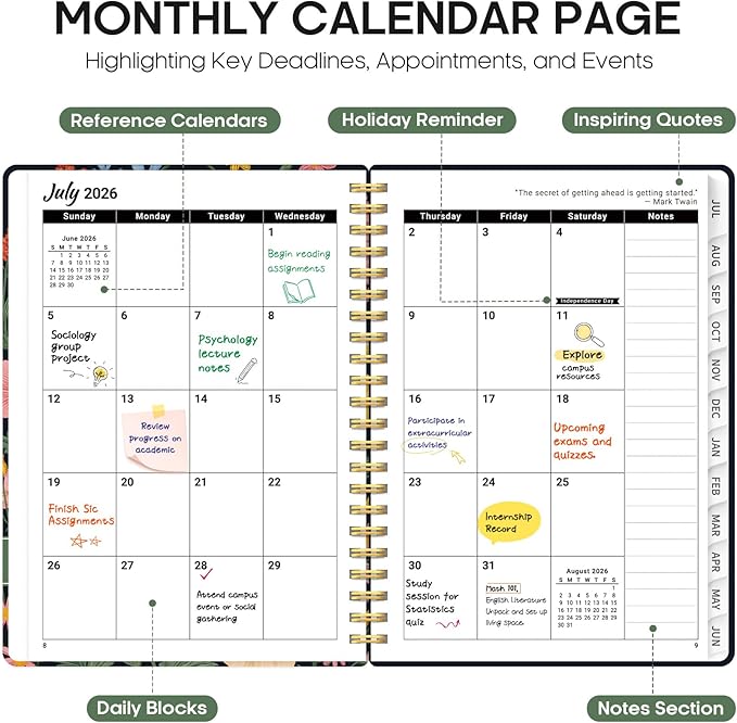 Planner 2026-2027, Academic Year Monthly and Weekly Calendar Planner, Jul 2026 - Jun 2027, Hardcover Teacher Student Planning Agenda book with Tabs, Perfect for School Office Supplies, 6.3" x 8.5" - Garden Bird