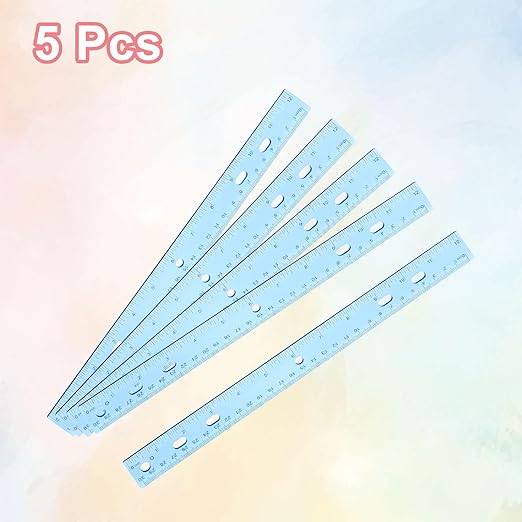 HARFINGTON 5pcs Plastic Rulers 12" (30cm) Clear Straight Ruler Measuring Tool Inches and Centimeters with Hole for Home Office Classrooms Drafting, Clear Blue
