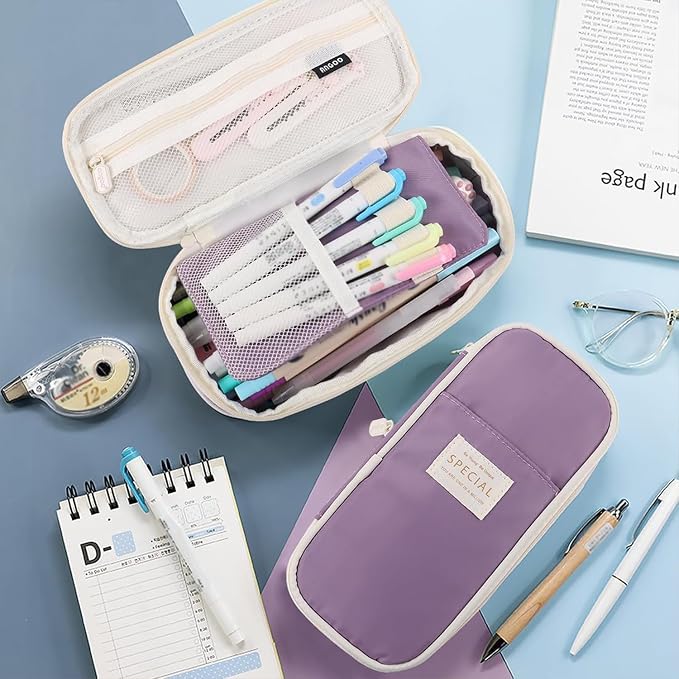 MAMUNU Expandable Pencil case with compartments, Large Capacity Pencil Cases Pencil Bag Pouch Adults, Portable Pencil Case Large School Stationery Organizer, Makeup Cosmetic Bag, Purple