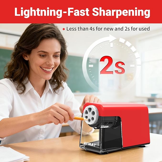 AFMAT Electric Pencil Sharpener 6 Hole, Cordless & Rechargeable, Colored Pencil Sharpener for 6-11mm Pencils, Auto Stop, Super Fast, 10,000+ Sharpenings, Battery Powered for Classroom/Home/Office PSD1
