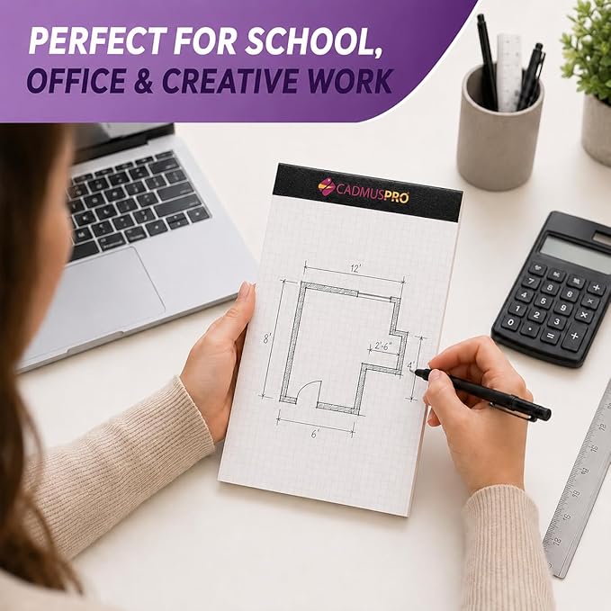Graph Paper Pad 5x8 Inches, 50 Sheets, 1/4 Inch Quad Ruled 4x4 Grid 80 GSM Writing Pad for Math, Engineering, Drafting, Architecture, Sketching, School and Office