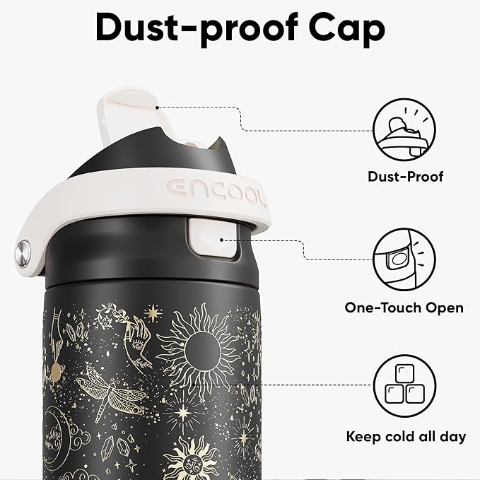 ENCOOL Leakproof Insulated Water Bottle with Straw Dual-Sip Water Bottle Bag-Safe Design for Work, Commute & Gym – Keeps Drinks Cold All Day, 24 oz, Oracle Moth