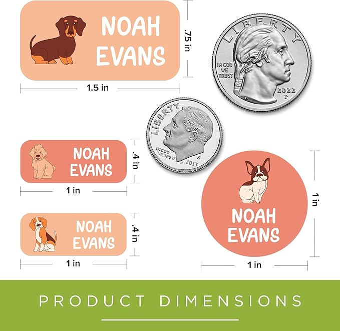 Personalized Daycare Name Labels for Kids, (130 Pack) Waterproof Custom Name Stickers for Clothing Tags, Lunch Boxes and School Supplies, Made in USA by MSC -Dogs