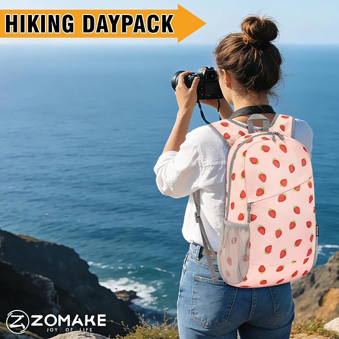 ZOMAKE Lightweight Packable Backpack 20L, Foldable Small Daypack for Hiking | Water Resistant Backpacks Day Bag for Travel Outdoor Camping Sport, Everyday Carry, Multiple Pockets(Strawberry Print)