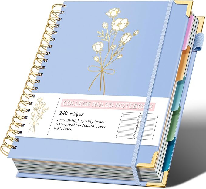 Hardcover Spiral Notebooks 8.5" X 11" Note Taking 5 Subject Notebook College Ruled with Dividers 240 Pages 100GSM Aesthetic Spiral Notebook for Work School Cute Journals for Women Writing, Blue