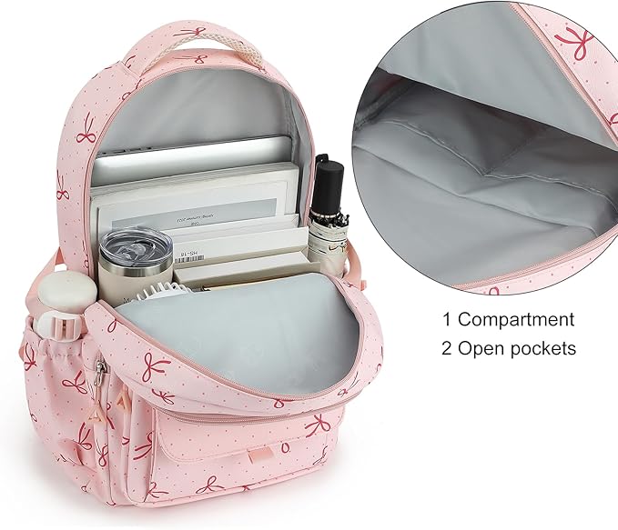 Phaoullzon Girls School Coquette Backpack for Teen Kawaii Bows Bookbag College Daypack,Pink Bow