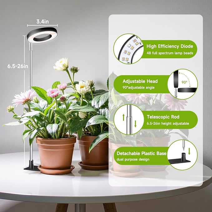 Kullsinss 3.5in Halo Plant Lights for Indoor Growing, 48 LEDs Full Spectrum | Black Grow Light with Base, 6/12/16H Timer & Dimmable, 26in Height Adjustable, 5V Plant Lamp for Small Potted Plants, 3-Pack