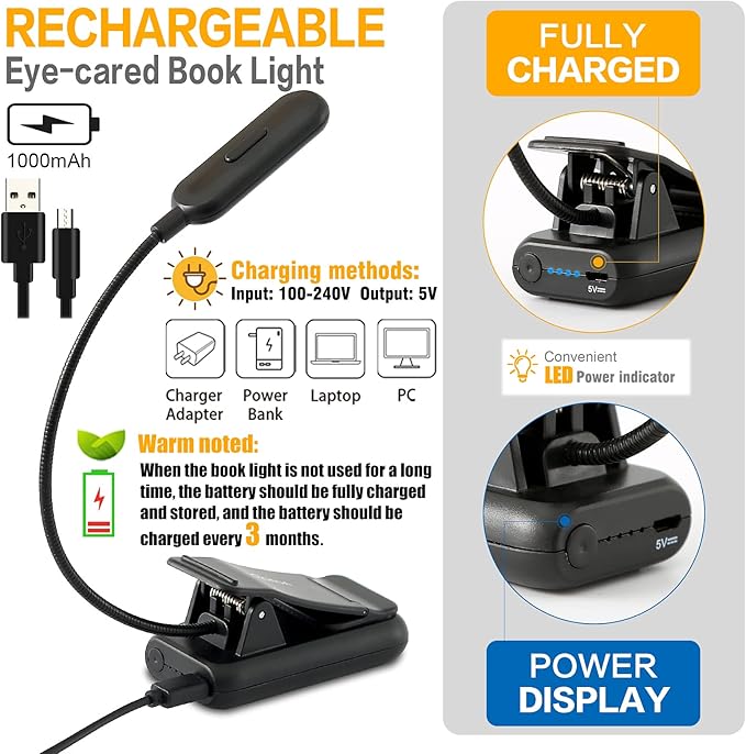 VAVOFO Amber Rechargeable Book Lights, Blue Light Blocking Reading Lights, 7 LEDs Eye Care 9 Colors 9 Brightness Clip On for Bookworms with Power Indicator Lasting 70h (2-Pack, Black)