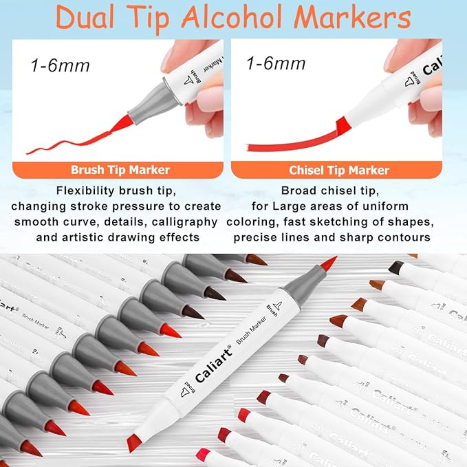 Caliart Alcohol Markers Brush Tip - 121 Colors Dual Tip Art Markers Set for Adult Coloring Books Artist Drawing Illustration Sketching, with Case Permanent Alcohol Based Colored Chisel & Brush Pens