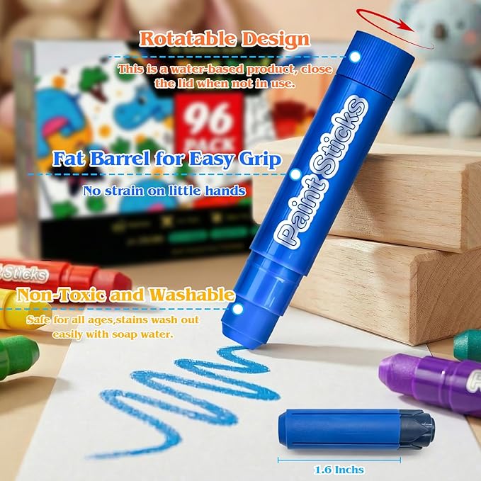 96 Pack Tempera Paint Sticks,24 Colors Non Toxic Solid Paint Sticks for Kids,No Mess,Quick Drying,Smooth and Washable Toddler Crayons,Works Great on Paper,Wood,Glass,Ceramic,Canvas