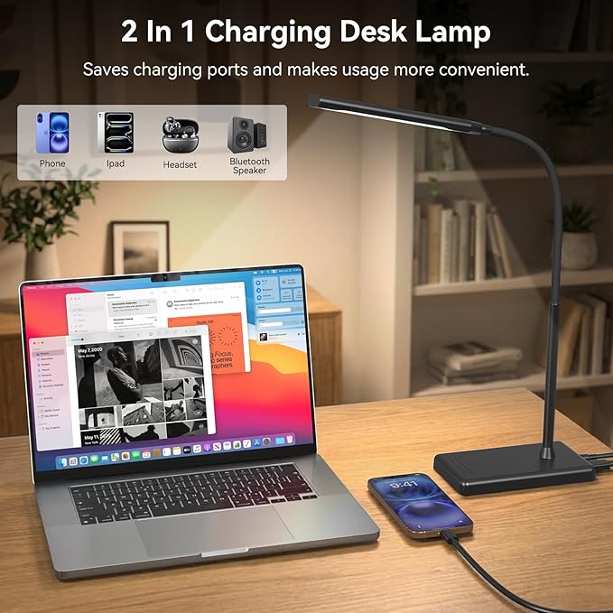 LED Desk Lamp 12W Touch Control Desk Lamp with USB Charging Port 5 Color Modes 6 Brightness Levels Eye-Caring Office Lamp with Memory Function 1h Timer Adjustable Neck Table Lamp