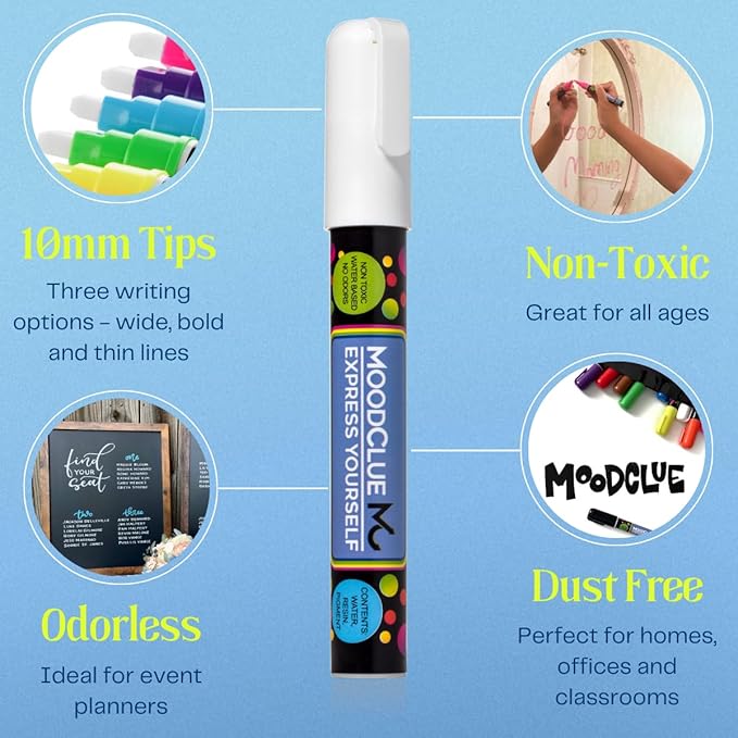 10mm JUMBO Tip Liquid Chalk Drawing Markers for Car Windows, Auto Windshields, Mirrors, White Boards, Retail + Restaurant Signs. Erasable Chalk Markers – Washable – Neon 8pck - 3 writing options