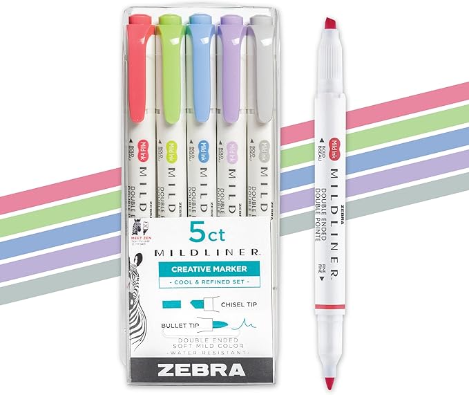 Zebra Pen Mildliner Dual-Tip Highlighter Set, Broad and Fine Tips, No Bleed, Ideal for Bible Highlighting, Journaling and Note-Taking, Assorted Cool and Refined Ink Colors, 5-Pack (78205)