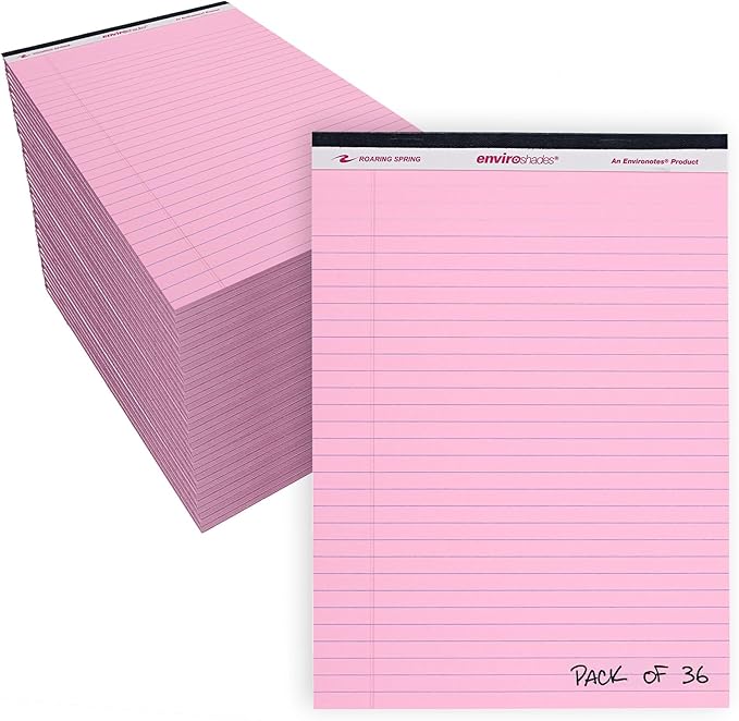 ROARING SPRING Enviroshades Pink Legal Pads, 36 Pack, Legal Ruled Recycled Colored Writing Note Pads, 8.5" x 11", 50 Sheets, Perforated Paper, Made in USA, Memo Pad For School & Office