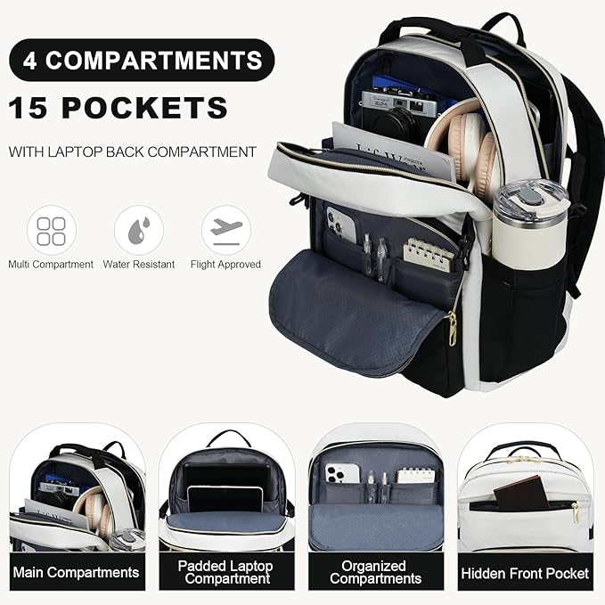 VANKEAN Laptop Backpack for Women with Giant Tumbler Holder Pocket,17.3 inch School College Book Bag Nurse Teacher Backpack,Waterproof Work Travel Backpack Purse Laptop Computer Bag, Bags Beige-Black