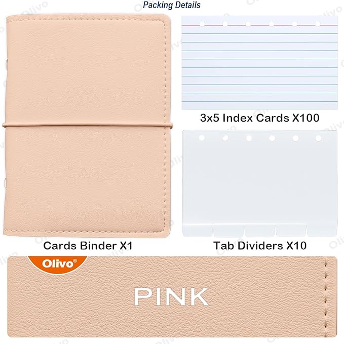 3x5 Lined Index Cards with Ring Binder Holder and Dividers, 100 Note Cards, Pink