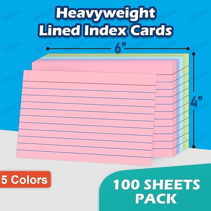 Colored Index Cards 4x6 Lined Ruled Flash Note Cards 100 Count, 5 Pastel Colors Assorted, 220 GSM Heavy Weight