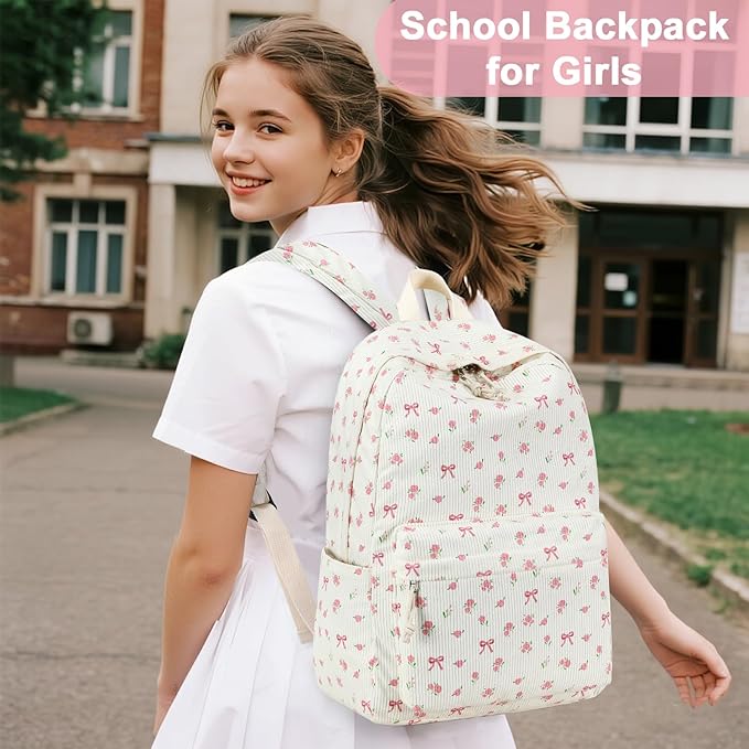BTOOP School Backpack for Girls Teens Large Corduroy Bookbag Lightweight 15.6 inch Laptop Bag for Women Casual High School College (Pink Bow Floral)