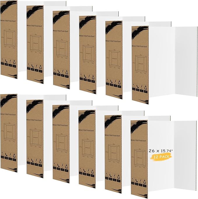 HAUTOCO 12 Pack Trifold Poster Board 26'' x 15.74'' Medium Tri Fold Project Boards White Corrugated Presentation Cardboard for Science Fairs, School Projects, Event Displays, Business