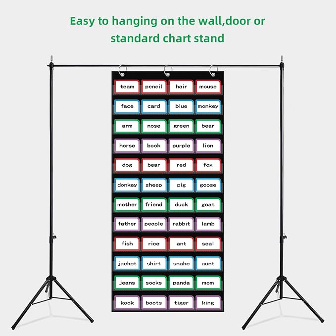 ANCOMEDO 20”W x 48.25”H Classroom Words Pocket Chart with 12 Clear Pockets, Black Standard Pocket Chart for Classroom and Home for Sentence Strips, Reusable Clear Pocket Hanging Words Chart (Black)
