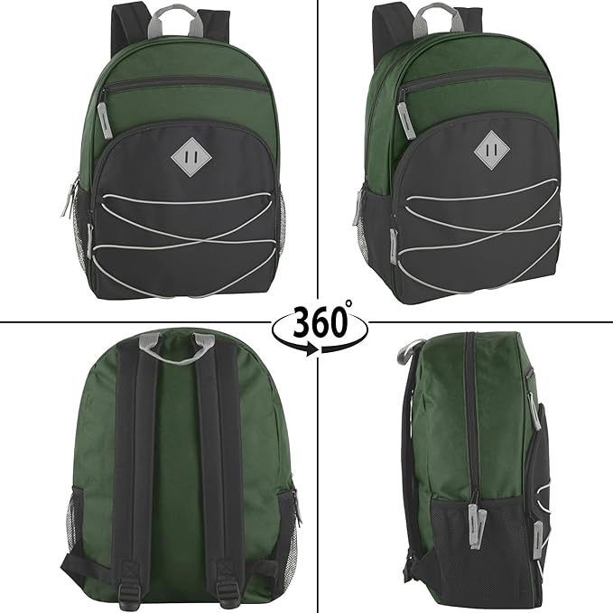 Summit Ridge Boys and Girls School Backpacks with Bungee Cord Front | 17” Multi Pocket Backpack for Kids, Teens, Adults, Travel (Green/Black)