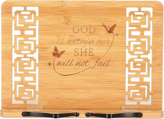 MEGREZ Book Stand for Reading (13.2 x 9.4 inch) Bamboo Cookbook Stand Holder for Kitchen, Adjustable Book Holder Stand for Tablet/Textbook Holder/Hollow Bookrest Stand, God is Within her