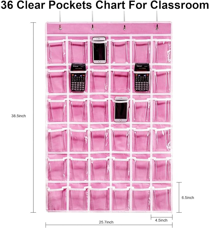 ANSTROUT 36 Clear Pockets Classroom Pocket Chart for Cell Phones, Pocket Chart Organizer for Calculator Holder with 36 Number Sticker Classroom Hanging Cell Phones Organizer (Pink)